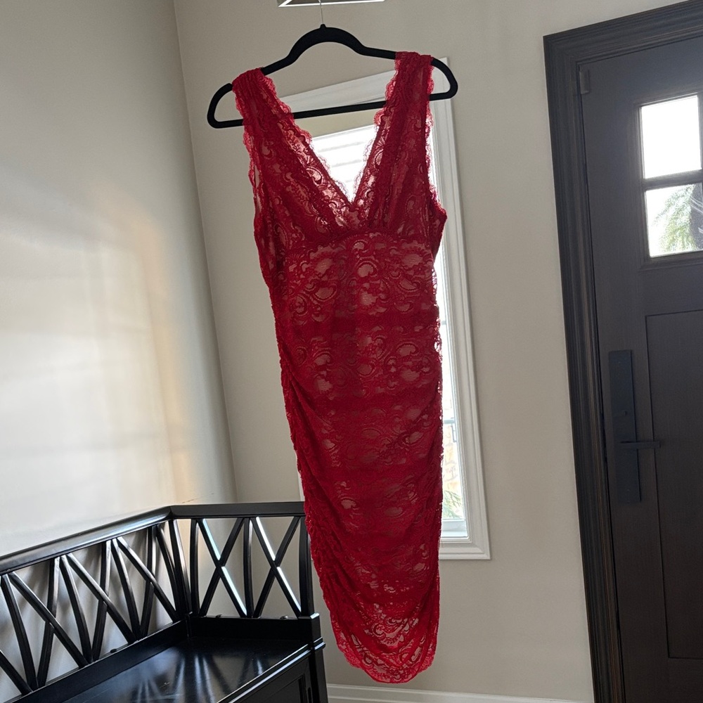 Nicole Miller Red Lace Midi Dress